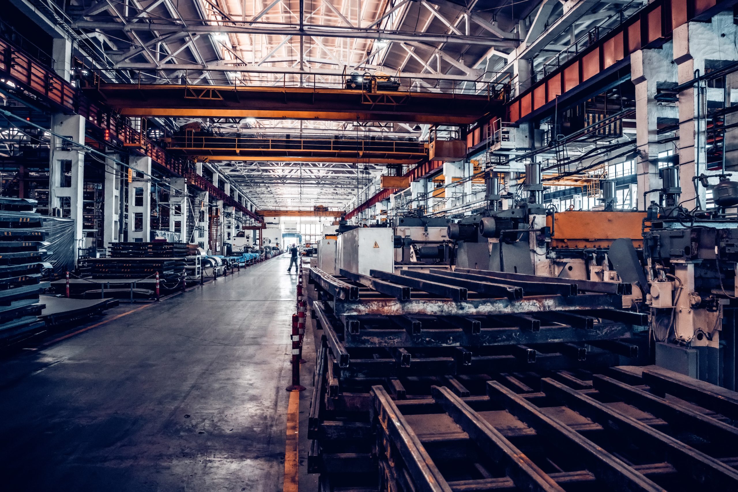 Assembly room at big industrial plant manufacturing tractors and harvesters