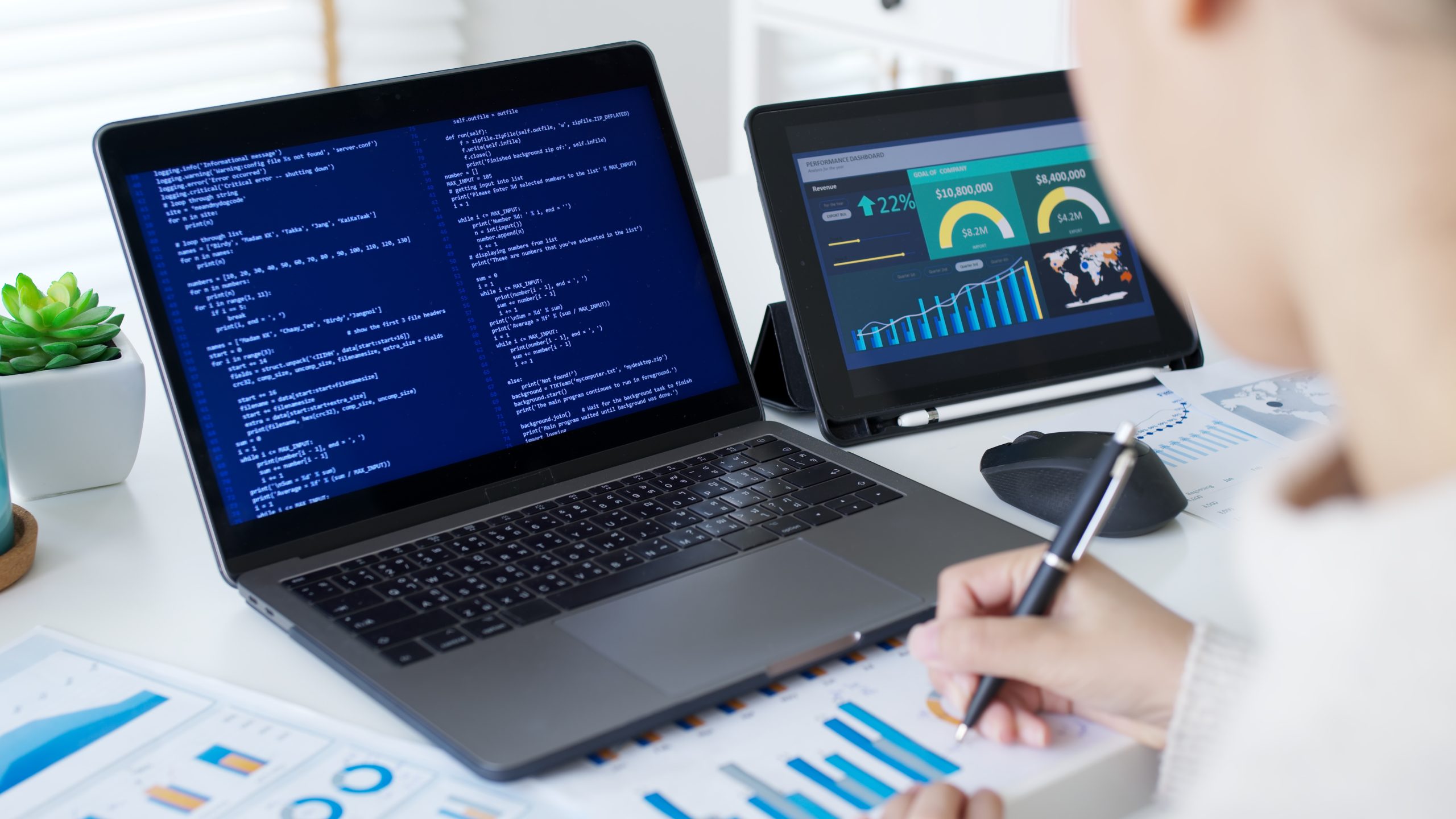 Back rear view of young asian woman, freelance data scientist work remotely at home coding programing on Big data mining, AI data engineering, IT Technician Works on Artificial Intelligence Project.