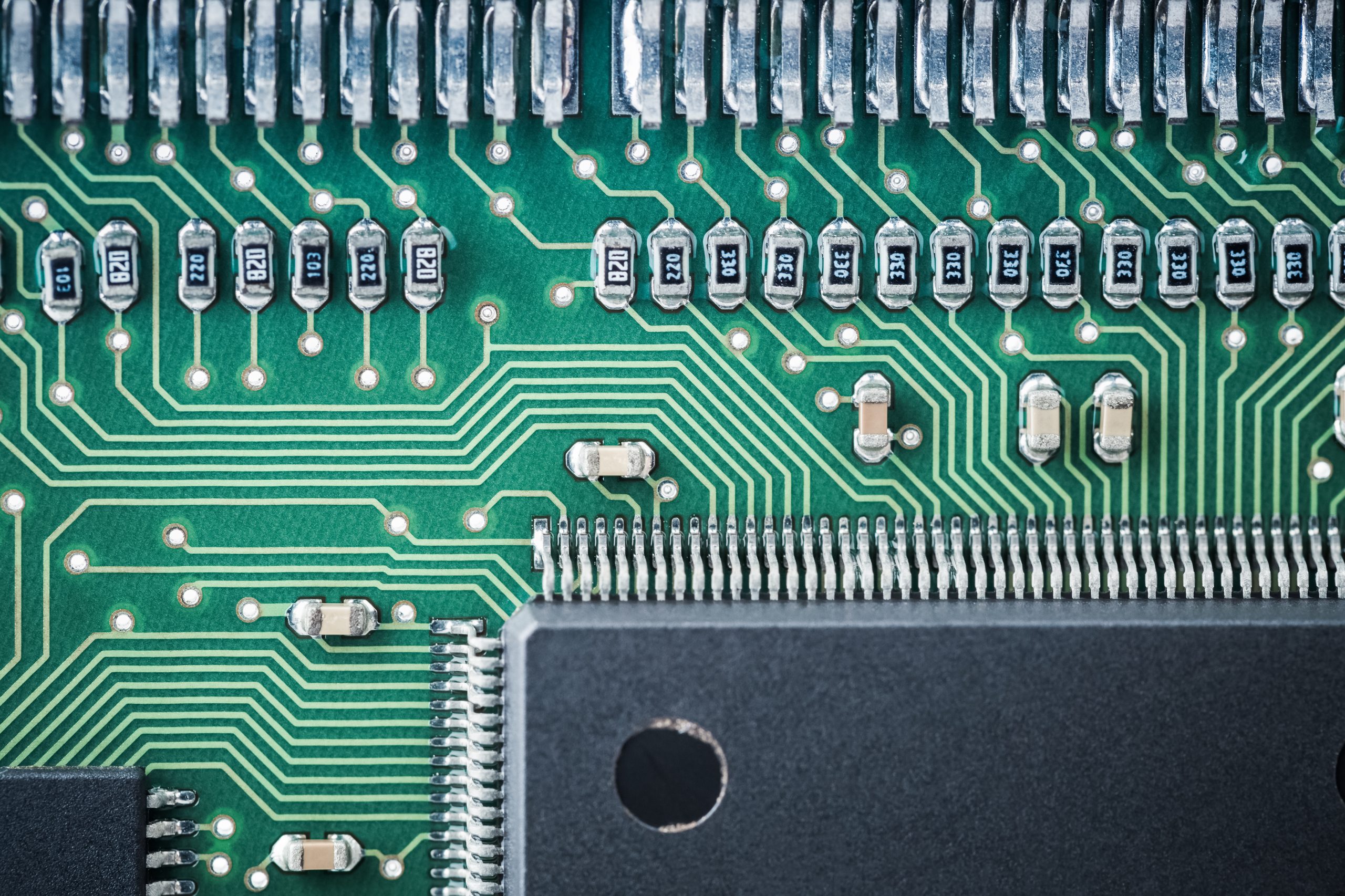processor and green circuit board closeup , background of science and technology